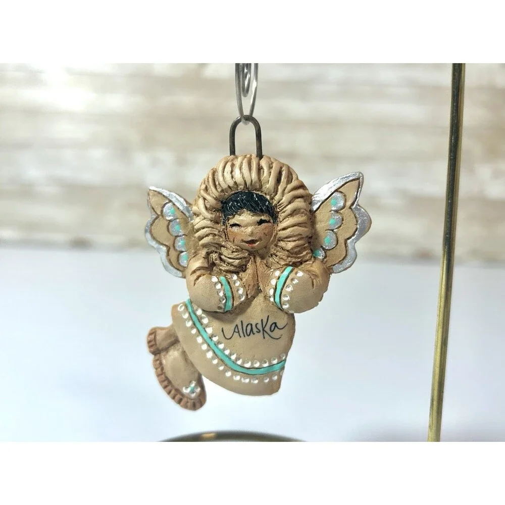 Vintage Eski Angels Alaska Eskimo Christmas Ornament Handcrafted Teal Blue Trim